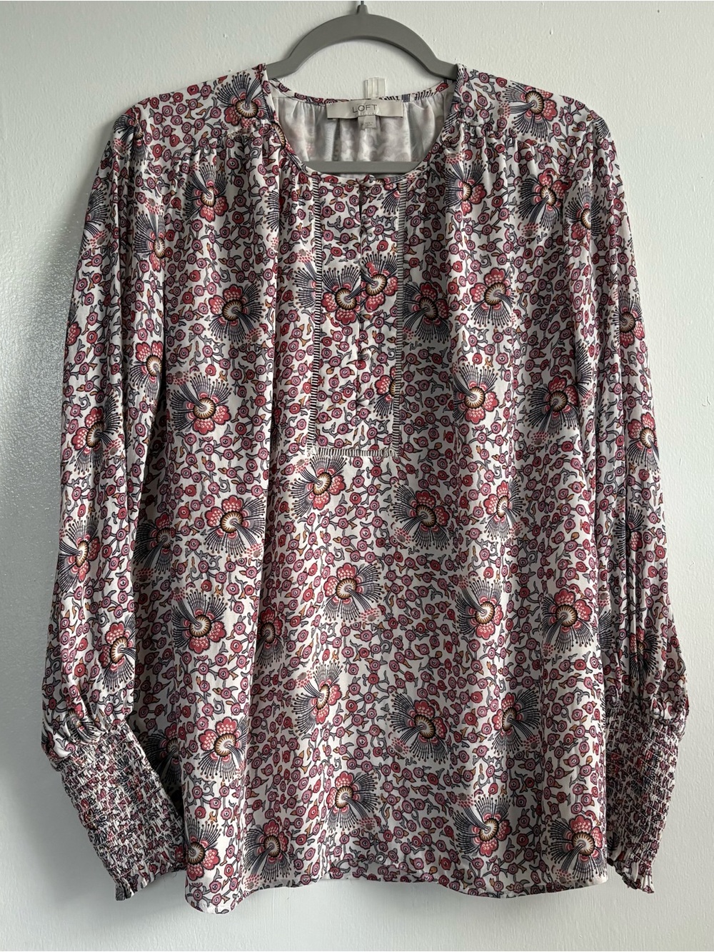 LOFT Boho Floral Smocked Cuff Button Front Long Sleeve Blouse Women’s M